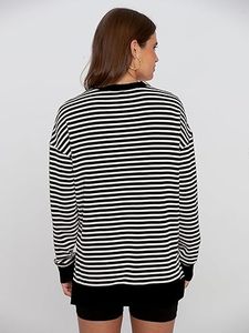 Pull en tricot à col rond rayé pour femme, manches longues, décontracté, pour le printemps, 100% coton, respirant, coupe classique - Product Image 2