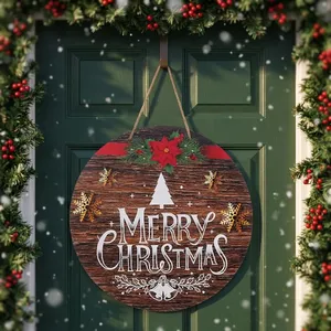 Letrero Colgante de Madera de Navidad, Corona Redonda Rústica Marrón Decorada con Copo de Nieve y Flor de Pascua Roja, Decoración Festiva Perfecta para Puerta - Product Image 5