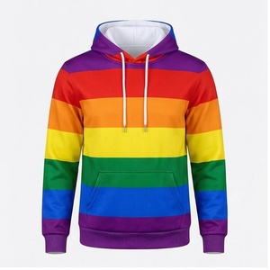 Rainbow Striped Hooded Sweatshirt Men Casual Knitted <b>Polyester</b> <b>Hoodie</b> With Front Pocket Regular Fit Spring Wear - Product Image 1