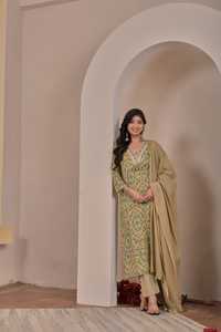 Beautiful 60x60 Cotton Green Straight <b>Kurta</b> Set <b>Women</b> Embroidered Neck Stylish Ethnic Outfit Wedding Party Quick Dry - Product Image 3