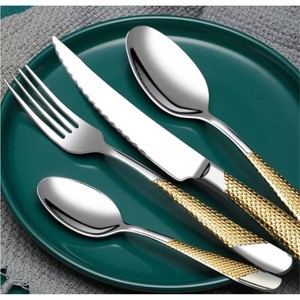 Juego de Cubiertos de Lujo en Oro, Juego de Cubiertos de Acero Inoxidable 18/10, Juego de Vajilla con Mango Texturizado, Servicio de Cubiertos Plateados para Hotel y Bodas - Product Image 5
