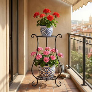 Support à plantes en métal noir à 2 niveaux, porte-pot de fleurs, étagère, intérieur, extérieur, jardin, balcon, patio, décoration de la maison, présentoir - Product Image 4