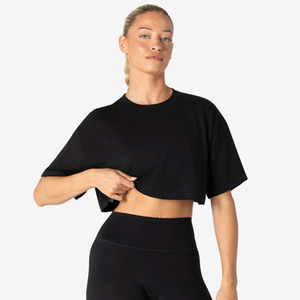 2026 Innovears Women's <b>Black</b> Crew Neck <b>Crop</b> <b>Top</b> <b>Short</b> <b>Sleeve</b> Solid Color Breathable Cotton Yoga Fitness Shirt - Product Image 2