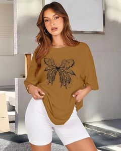 เสื้อยืดลำลองแขนสั้นคอกลมผ้าฝ้ายพิมพ์ลายผีเสื้อสีเหลืองมัสตาร์ดสำหรับผู้หญิงฤดูใบไม้ผลิฤดูร้อน - Product Image 2