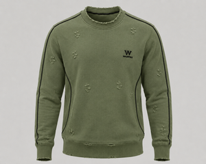 เสื้อสเวตเตอร์คอกลมสีเขียวมะกอกสำหรับผู้ชาย Warpro ทรงปกติ ผ้าฝ้ายถัก สวมใส่สบายๆ ในฤดูใบไม้ร่วง ดีไซน์แบบทำเก่า - Product Image 1