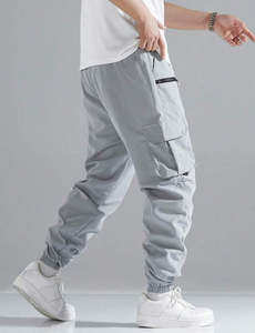 Pantalon de survêtement cargo gris pour homme, taille élastique, coupe ample, multi-poches, longueur normale, 100 % polyester, vêtements d'extérieur - Product Image 5