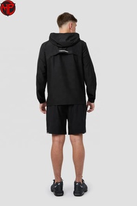 Black <b>Men</b> <b>Summer</b> Eco-friendly Sporty Print Windbreaker Shorts Set Lightweight Zip-Up <b>Jacket</b> Two-Piece Activewear Outfit Front - Product Image 6