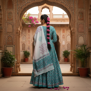 Traje Indio de Algodón con Estampado Floral Blanco y Azul para Mujer |   Salwar Kameez Punjabi de Alta Calidad con Estampado a Mano |   Conjunto de Ropa Casual Étnica - Product Image 3