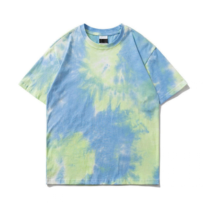 T-shirt à manches courtes tie-dye pour homme, col rond, tricoté, coupe classique, bleu clair et vert à motifs, style streetwear - Product Image 1