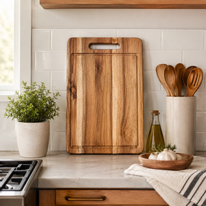 Durable Thick Acacia Wood Cutting Board with Deep Juice Groove Grip Hole Natural Wood Color OEM Vietnam Factory - Product Image 4