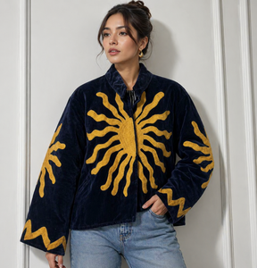 Bomber Jacket Velvet Suzani with Letter Embroidery Eco-Friendly & <b>Quilted</b> Design - Product Image 1