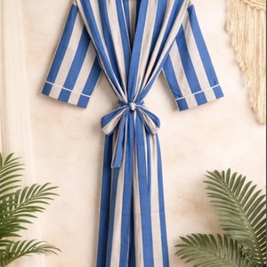 Bata Kimono a Rayas de Longitud Completa, Corte Holgado, Cuello en V, Manga Tres Cuartos, Ropa de Estar para Mujer, Tejido Suave de Verano - Product Image 6