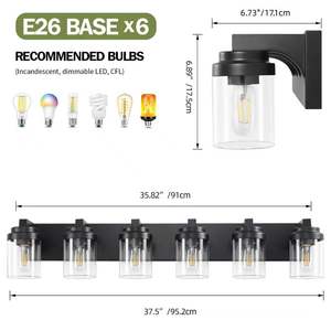 Luminaire de salle de bain moderne à 6 lumières, abat-jour en verre noir et transparent pour chambre à coucher et couloir, ampoules non incluses - Product Image 4