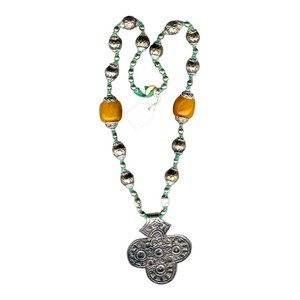 Handcrafted Boho Cross <b>Necklace</b>, Tribal Cross <b>Necklace</b> with Silver Tone Pendant with Green and Amber Beads, <b>Statement</b> Jewelry - Product Image 1