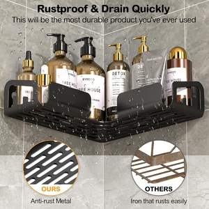 <b>Bathroom</b> <b>Organiser</b> Without Drill Adhesive Corner Shelves Wall Mounted <b>Bathroom</b> Racks with Hooks Soap Dish Black - Product Image 3