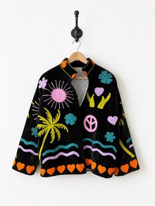 Chaqueta de terciopelo negro bohemio para mujer, estilo retro festivo, con explosión de color, bordada a mano, con diseño artístico de Árbol de la Paz y el Sol, tipo abrigo llamativo - Product Image 3