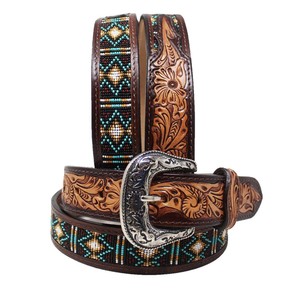 Cinturón Reversible de Cuero Vacuno con Patrón Geométrico de Cuentas y Hebilla Plateada Estilo Western, Cuero Bordado de Estilo Étnico - Product Image 2