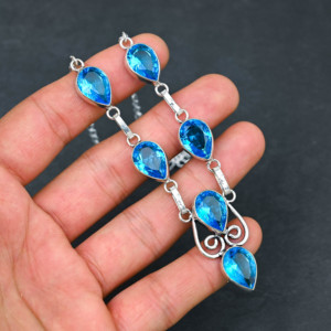 Collier de luxe pour femme en argent sterling avec topaze bleue synthétique et perle de culture d'eau douce en forme de poire 10x14mm, 18 pouces, cadeau de mariage - Product Image 3