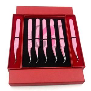 <b>Pink</b> Powder Coated Stainless Steel Precision 45 Degree Isolation Eyelash Tweezers Set in Red <b>Box</b> Packaging Eyelash Extension - Product Image 6