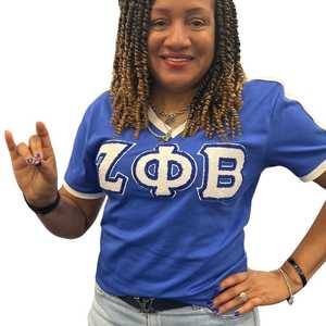 Zeta Chenille Premium V Neck Ringer Shirt Women Embroidery Logo Soft Cotton Casual Fit Short Sleeve Stylish Top - Product Image 4