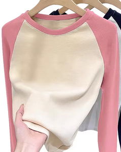 Women's Color Block Full Sleeve Fleece Crew Neck Casual Winter Top Eco-Friendly Polyester/Cotton Breathable Pink Beige - Product Image 1