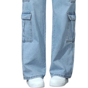 Jean cargo en denim bleu clair pour femme, taille haute, coupe ample, jambe large, multi-poches, style décontracté streetwear, respirant et séchage rapide pour l'automne - Product Image 5