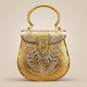 Sac Potli Classique Doré Vintage Simple, Motif Floral, Pochette Traditionnelle en Laiton, Poignée Perlée, Fait Main pour Mariage, Uttar Pradesh - Product Image 5