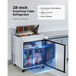 28\" Commercial <b>Kitchen</b> Refrigerator 7.1 Cu. Ft Sandwich <b>Prep</b> Refrigerated <b>Table</b> with Mega Top 8-Pan Cutting Board for Food <b>Prep</b> - Product Image 2