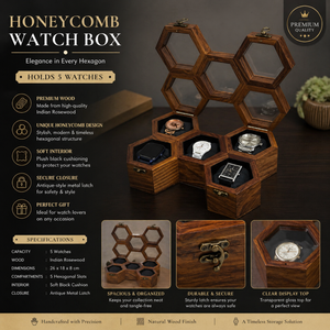 Luxury Honeycomb Wooden Watch <b>Box</b> for 5 Watches | Indian Rosewood Hexagon Organizer Case | Premium Display <b>Storage</b> Gift for Men - Product Image 5