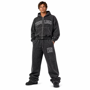 Men's Vintage Washed Black Zip Up <b>Hoodie</b> and Sweatpants Set Baggy Streetwear Tracksuit - Product Image 1