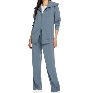 Ensemble de survêtement bordeaux pour femme, couleur unie, manches longues, fermeture éclair, coupe décontractée, respirant, 100 % polyester, idéal pour l'automne - Product Image 3