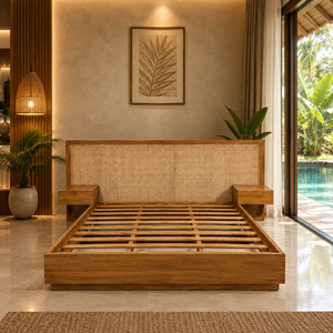 Wood Rattan Upholstered <b>Bed</b> <b>Platform</b> <b>Bed</b> Wooden <b>Bed</b> Frame Bedroom Hotel Furniture - Product Image 1