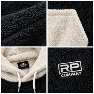 Sweat à capuche homme en polaire Sherpa 100% polyester, coupe oversize, noir, avec poche kangourou et logo brodé, prix de gros - Product Image 5