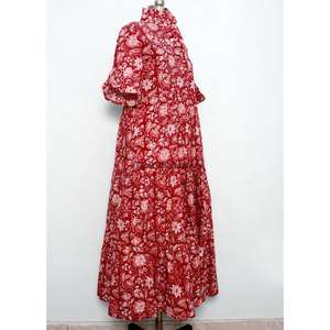 Vestido Largo 100% Algodón, Estilo Veraniego para Mujer, Estampado de Hojas Tropicales, Cintura con Cordón Ajustable, Manga Corta, Elegante Vestido Largo Maxi - Product Image 4