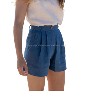 Pantalones cortos de verano plisados de cintura alta personalizados para mujer algodón suave Lino cómodo estilo informal tejido en los últimos colores sólidos - Product Image 4