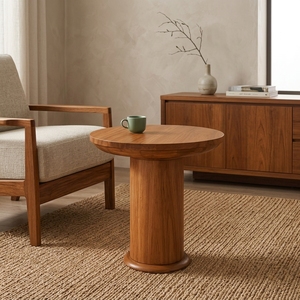 Table basse ronde en teck avec plateau en bois et pieds sur piédestal, finition naturelle, pour salon, appartement, hôtel, modèle TAB47 - Product Image 4