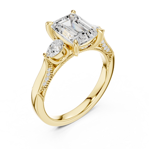 Bague de fiançailles vintage en or jaune avec trois diamants de laboratoire taille émeraude et milgrain pour femme - Product Image 2