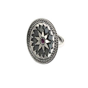 <b>Adjustable</b> <b>Ring</b> With Round Cut Ruby Gemstone Solid 925 Sterling <b>Silver</b> Handmade Bohemian Jewelry Flower Design Vintage <b>Ring</b> - Product Image 1