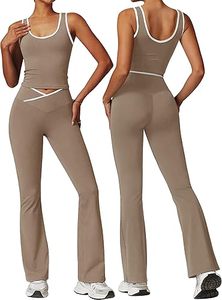 ชุดออกกำลังกายผู้หญิง 2 ชิ้น ชุดโยคะ กางเกงเลกกิ้งขาบานแบบไขว้ เสื้อครอปท็อปแต่งขอบตัดสี - Product Image 5