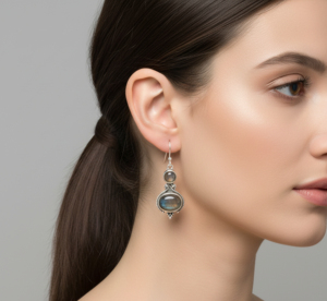 Boucles d'oreilles vintage en argent 925 avec labradorite naturelle sertie clos, bijoux pour femme pour les fêtes et le quotidien - Product Image 3