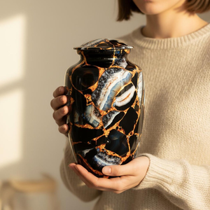 Handcrafted Marble Finish Cremation Urn Adult Ashes <b>Memorial</b> <b>Vase</b> Metal Keepsake Urn Custom Design - Product Image 4