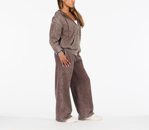OEM Custom 100% Cotton 340 GSM Acid Wash Women's Full Zipper Hoodie & Wide Flare Leg Sweatpants Baggy Sets Breathable 2 Pieces - Product Image 6