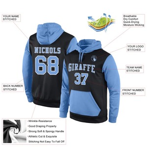 Sweat à capuche décontracté pour homme, noir et bleu clair, personnalisé avec nom et numéro imprimés par transfert thermique, avec poche, vente en gros - Product Image 4