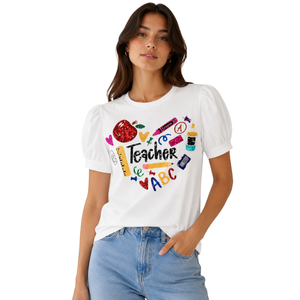 White Custom <b>Sequin</b> Embroidery Back to School Crew Neck Loose Fit Cotton Casual Spring/Summer Women's <b>T</b>-<b>shirt</b> Fit for All Season - Product Image 3