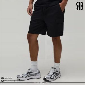 Shorts cargo unisexes en coton noir uni pour homme, taille élastique, décontractés, respirants, avec poches, taille mi-haute - Product Image 4