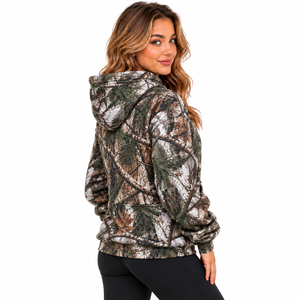 Sudadera con capucha de forro polar personalizada al por mayor para mujer, con estampado de follaje forestal, estilo streetwear - Product Image 5