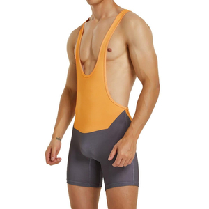 Men's <b>Orange</b> Gray Color Blocked Wrestling Singlet One-Piece Fitted Spandex Nylon Stretch Martial Arts Wear Adult Size - Product Image 1