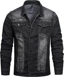<b>Men's</b> Black Denim <b>Jacket</b> Washed Cotton Casual Turn-down Collar Regular Fit Single Breasted Button Closure Slim Style - Product Image 1