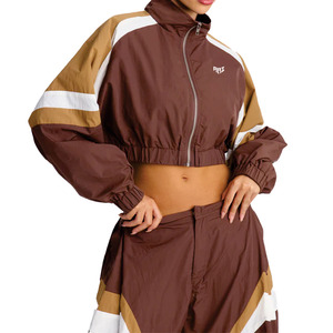 Custom Women Cropped Windbreaker Tracksuit <b>Set</b> OEM Zip Up Jacket and Pants Lightweight Streetwear Activewear Bulk Hoodies Supply - Product Image 2