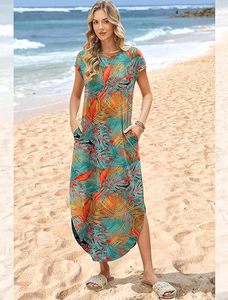 Robes d'été tendance 2026 à manches courtes, col rond, longues, décontractées, avec poches, pour la plage et les vacances - Product Image 3
